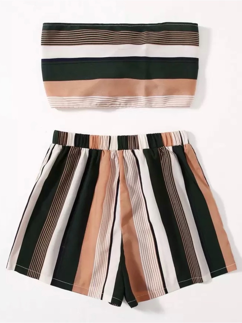 SHEIN Green, Tan & White Striped Tie-Front Tube Top with High Waist Shorts - Picture 3 of 3
